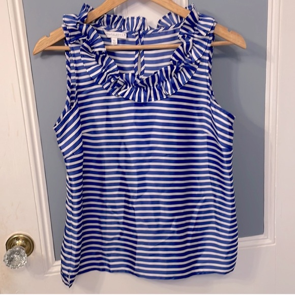 Talbots RSVP Blue & White Ruffle Neck Blouse. - Picture 3 of 11